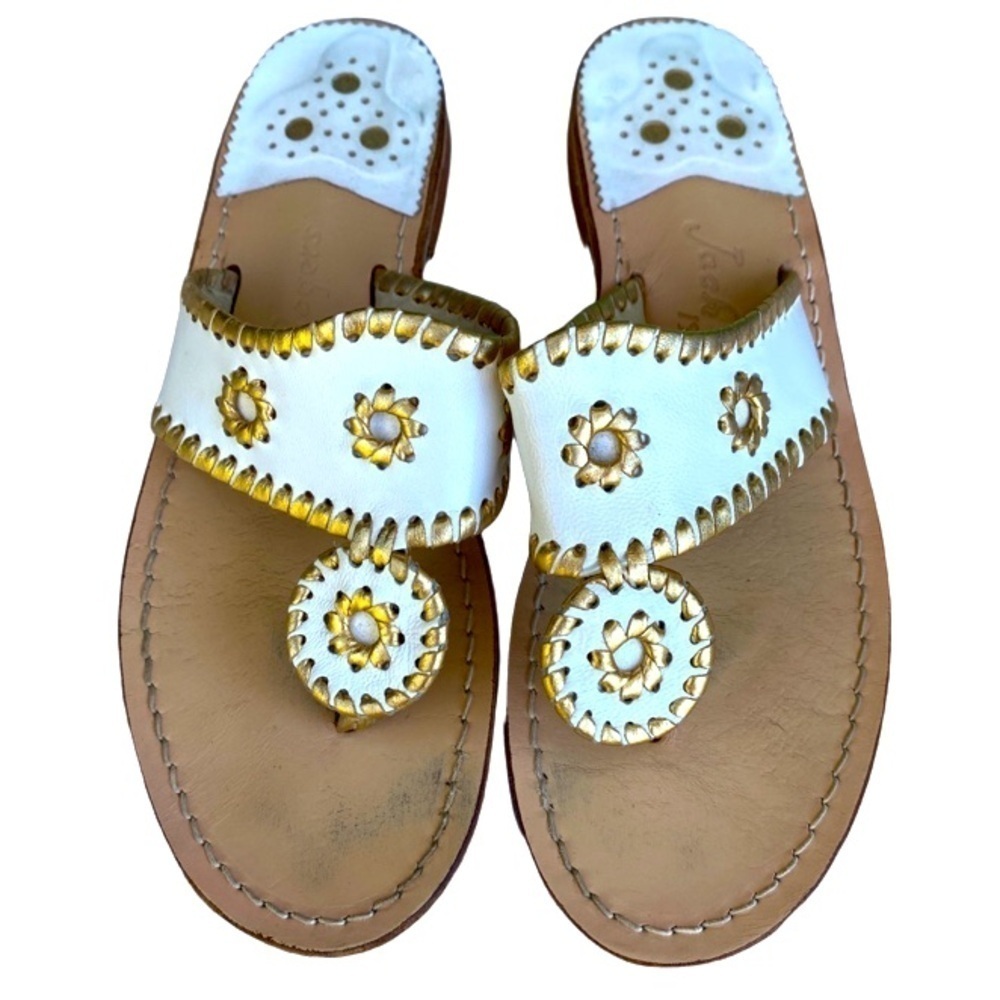 Jack Rogers Jacks Flat White and Gold Classic Summer Resort Sandal. Sz 8